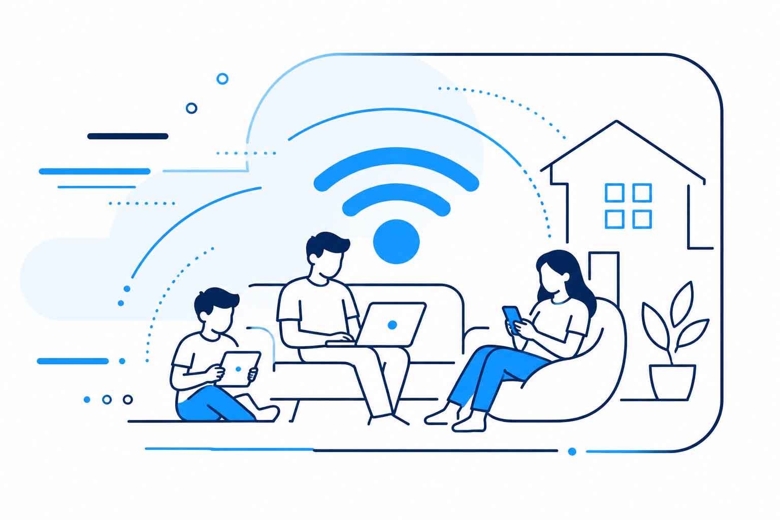 Familia usando internet en casa para estudio y entretenimiento